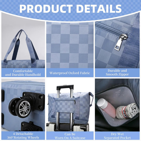 Blue checkerboard rolling duffle bag with wheels and telescoping handle; expandable carry-on luggage by Amazon.