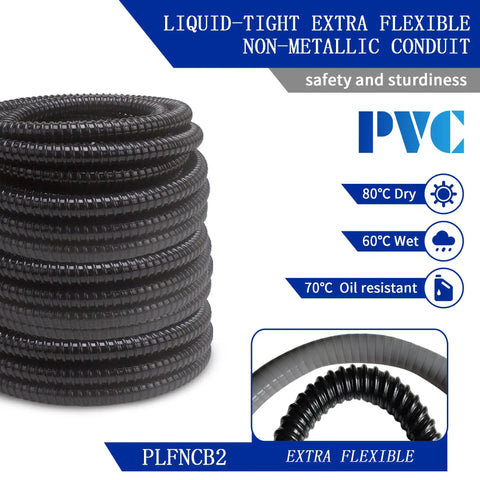 Stacked coils of black liquid-tight non-metallic conduit, labeled as flexible PVC, showcasing temperature resistance specifications.