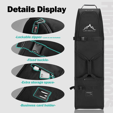 Details of the Soft Sided Golf Travel Bag With Wheels Built Tough With 600D Polyester Oxford Wear Resistant Zipper Universal Size 13 By 15 By 50 Inches Easy Roll Club Carrier For Air Travel And Road Trips; lockable zipper, buckle, storage space, card holder.