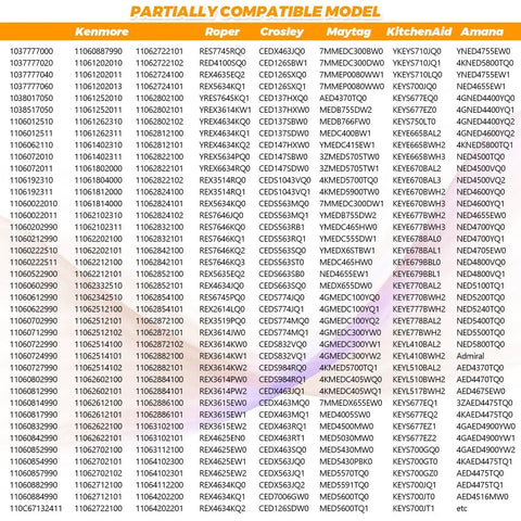 Compatibility chart for Upgraded 279838 Dryer Heating Element Kit NED4655EW1 MEDC215EW1 with various dryer models.