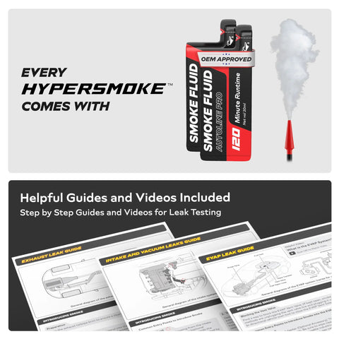HyperSmoke Automotive Smoke Machine And Evap Vacuum Leak Tester with OEM approved smoke fluid and guide books visible.