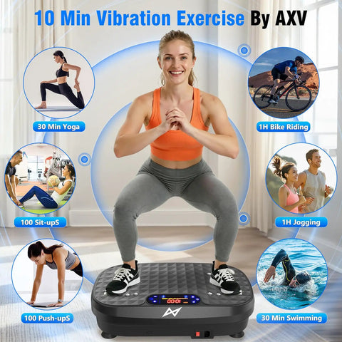 Woman performing squats on Vibration Plate Exercise Machine For Full Body Training And Muscle Activation Fitness Platform.