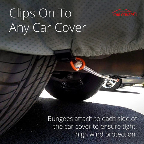 Gust Strap Wind Protector Kit Heavy Duty Car Cover Straps With Bungee Cords And Hooks securing a car cover on tire