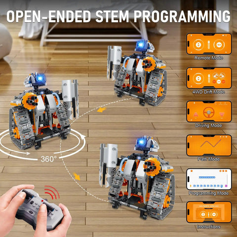 5 In 1 STEM Building Set With LED Lights And App Remote Control Toy Kit 554 Pieces robotic vehicle on wooden floor with remote