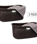 40L Laundry Basket Set Of 2 With Wicker Look Lightweight Plastic Hamper For Clothes Grab And Go Easy Carry Compact 23 Inch By 14.5 Inch By 11 Inch Brown Perfect For Tight Bathrooms And Closets.
