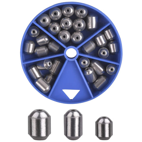 Egg Sinker Weights Set Thirty Pcs Fishing Sinkers Assortment With Tackle Box For Saltwater And Freshwater Fishing Bass Drop Casting Weights Durable Corrosion Resistant Oval Sinker Kit in blue tackle box.