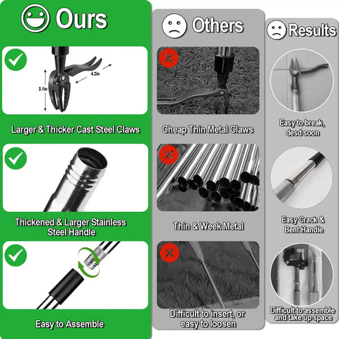 Comparison chart showing benefits of 58-Inch Stand Up Weed Puller Tool With Long Handle 2-In-1 Manual Weeder And Garden Hoe.