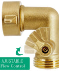 90 Degree Garden Hose Adapter With Shut Off Valves And Two Extra Washers, Solid Brass Three Quarter Inch Hose Elbow Connector