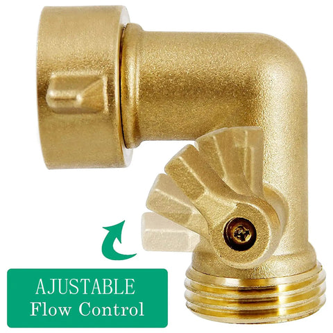 90 Degree Garden Hose Adapter With Shut Off Valves And Two Extra Washers, Solid Brass Three Quarter Inch Hose Elbow Connector