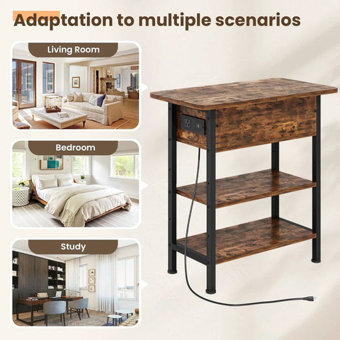 End Table With Charging Station And USB Ports, Flip Top Side Table With Two USB Ports And One AC Outlet, Brown Finish