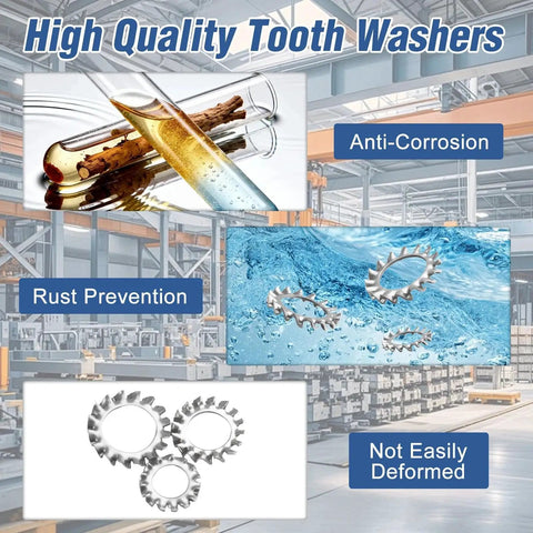 Beefed Up Heavy Duty Stainless Steel External Tooth Lock Washer Kit With Star Washers showing anti-corrosion and rust prevention