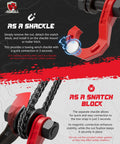 Heavy Duty D Ring Shackle Set With Snatch Block Pulley Two Pack Three Quarter Inch Shackles For Tow Winch And Off Road Recovery Pulley For Truck ATV UTV Beefy Black Red Finish Ready For Any Terrain, red shackle close-up