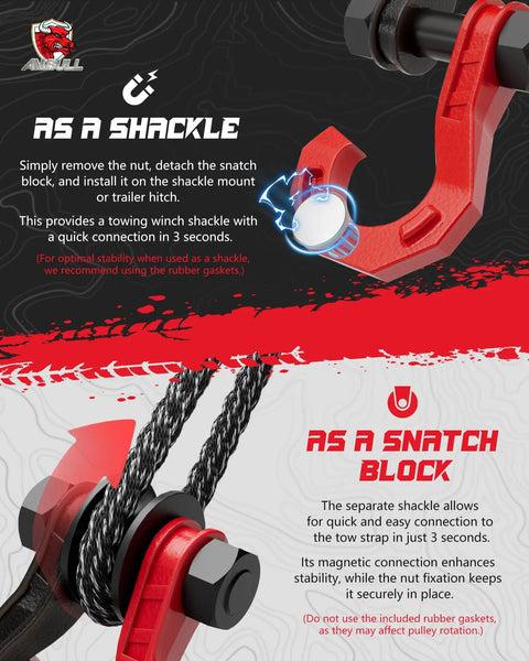 Heavy Duty D Ring Shackle Set With Snatch Block Pulley Two Pack Three Quarter Inch Shackles For Tow Winch And Off Road Recovery Pulley For Truck ATV UTV Beefy Black Red Finish Ready For Any Terrain, red shackle close-up