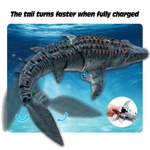 Remote Control Mosasaurus Vs Shark Dino Toy For Kids 3 4 5 6 7 With Light And Water Spray showing tail movement in water