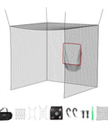 10x10x10 Ft Golf Batting Cage Net For Backyard And Indoor Practice With Half Cover Design, showing net and accessories