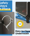 Safety straps and extended legs for a cabinet, ensuring stability and easy cleaning underneath