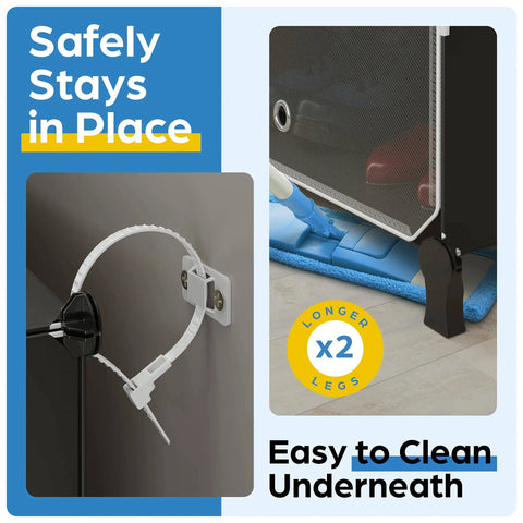 Safety straps and extended legs for a cabinet, ensuring stability and easy cleaning underneath