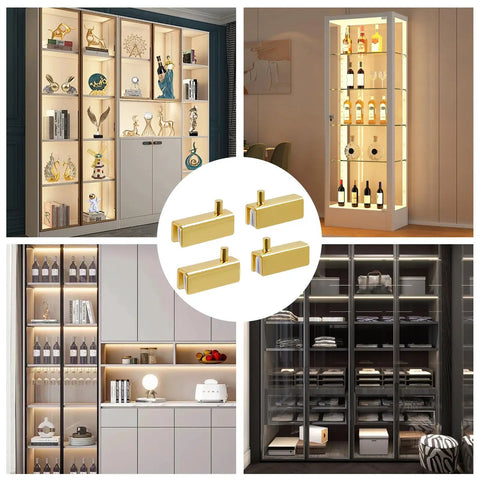 Glass Door Pivot Hinge With Magnetic Catch And Clamp Set for bathroom cabinets and showcases, gold finish, stainless steel, fits 5-6mm glass.