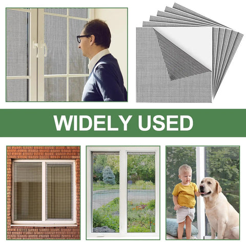 Extra Wide 12x12 Window Screen Patch Kit 6-Piece Black Fiberglass Mesh Tape used on various windows and doors with adhesive