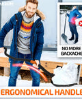 Man using heavy duty snow shovel with ergonomic handle to beat back pain, clearing snow on driveway, 58 inch long, 18 inch blade