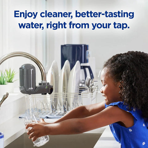 Girl using Vertical Faucet Mount Water Filtration System With Lead Reducing Filter No Brainer Easy Install 100 Gallon Capacity