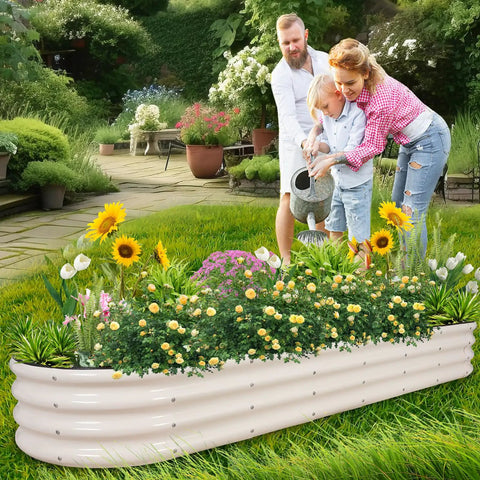 Family gardening in a backyard with Galvanized Raised Garden Bed Kit 8x2x1 Ft Two Pack Outdoor Metal Planter Boxes For Vegetables And Flowers Built To Last No Fuss Setup Rust Resistant White Finish