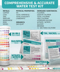 22 In 1 Water Test Kit With 130 Strips For Well Tap Pool And Spa Testing Fluoride Lead Hardness Chlorine Iron Copper And More No Hassle Easy At Home Water Analysis For Safer Drinking And Everyday Use shown with strips and packaging.
