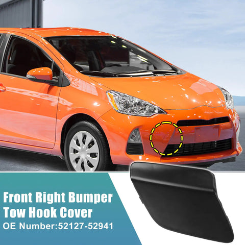 Front Right Bumper Tow Hook Cover for Toyota Prius C 2012 2014 Unpainted Black Eye Cap Replacement OE 52127 52941 displayed