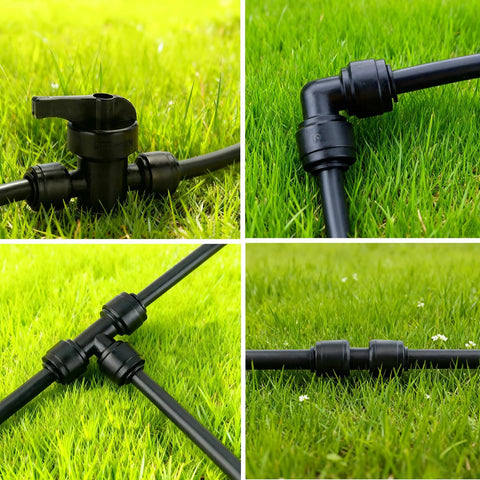 44-pc quick-connect drip irrigation fittings kit for 1/4 inch tubing with four shut-off valves, tees, elbows, and end plugs