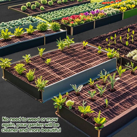 2 Pack Recycled Felt Mulch Mat Roll for Landscaping 8.2 Ft by 2 Ft Black Garden Pathway Fabric installed in garden.
