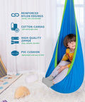 Child sitting in a blue Kids Pod Swing Seat Cotton Hammock Chair For Indoor And Outdoor Play Blue Sensory Swing with cotton-canvas fabric.