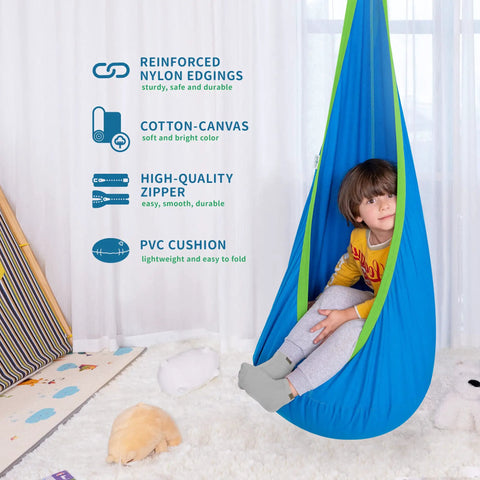 Child sitting in a blue Kids Pod Swing Seat Cotton Hammock Chair For Indoor And Outdoor Play Blue Sensory Swing with cotton-canvas fabric.
