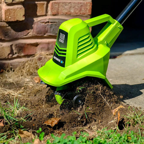 20V Cordless Garden Tiller Cultivator With 7.5 Inch Tilling Head, 2Ah Battery And Fast Charger Included, Green in action on soil