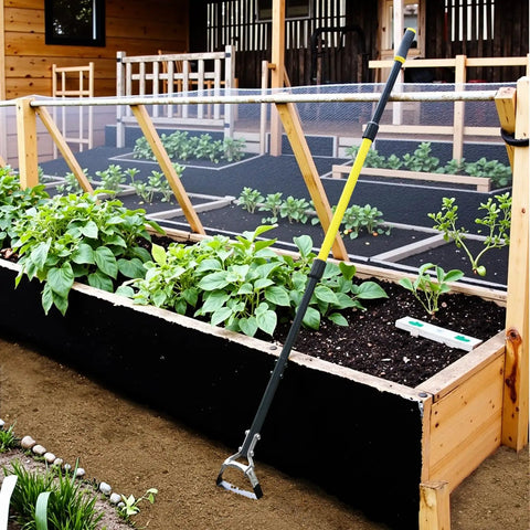 Long Reach 4-In-1 Garden Hoe With 64 Inch Handle for Easy Weeding leaning on raised garden bed