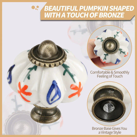 Swanky Vintage Pumpkin Drawer Knobs, Six Piece Ceramic Cabinet Pulls With A Vibrant Red Flower And Branch Print, Killer Antique Furniture Hardware That Makes Any Kitchen Look Absolutely Dope - close-up of a pumpkin-shaped ceramic knob with bronze base.
