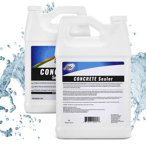 Bomb Proof Clear Concrete Sealer Water Based Waterproofing Spray Slap It On Driveways Or Patios For Crack Free Dry Ground And Stain Proof Grout Low Odor Real Tough Coverage 4 Gallon container with water splash.