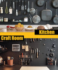 Heavy Duty Metal Pegboard Panels 4 Pack With 50 Hooks Black Wall Organizer in kitchen and craft room settings for versatile storage