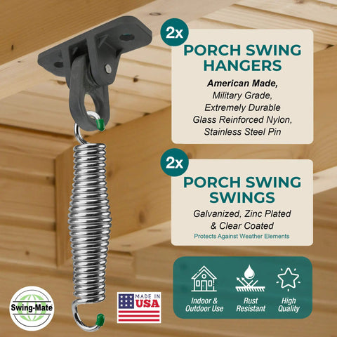 Beefed-Up Porch Swing Hanging Kit With 750 Lbs Capacity, Upgraded Heavy-Duty Suspension Hangers And Springs For Ceiling Mounts, Hammock Chairs, And Swing Benches, Made In The USA Chrome
