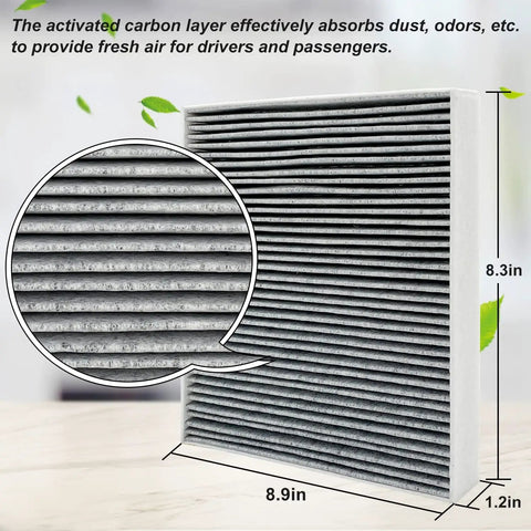 Drop-In Cabin Air Filter JM133 Replacement For Hyundai Elantra 2021-2025 showing activated carbon layers and dimensions.