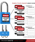 Blue Keyed Alike Lockout Padlock Set For Grouping Control, showing padlock, shackle, keys, and multilingual 'Danger' labels included.