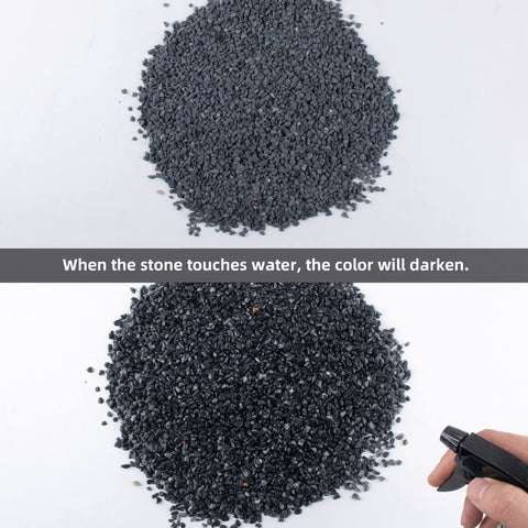 Black Cactus Pea Gravel Rocks 3Lb 1/4 Inch Pebbles shown dry and wet, highlighting color change when wet for indoor plants and succulents.