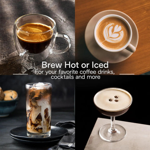 Variety of coffee drinks brewed with Compact Espresso And Cold Brew Coffee Maker Featuring Built In Milk Frother Wand.