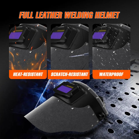 Leather Auto Darkening Welding Helmet With True Color Flip-Up Mask, 2x4 1/4 Variable Shade 4/9-13, heat-scratch-water resistant