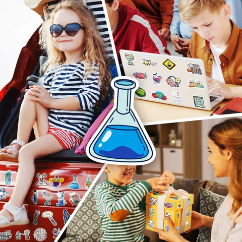 Collage of kids using 50 Pcs Science Stickers Pack Multicolor Vinyl Decals for Physics Chemistry Biology on laptops and luggage.