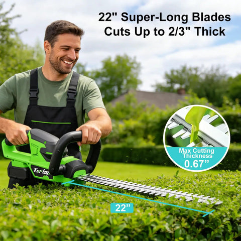 Man using Cordless Hedge Trimmer With Battery And Charger Included, 22 Inch Dual Action Blades, 3000 RPM Motor on bushes