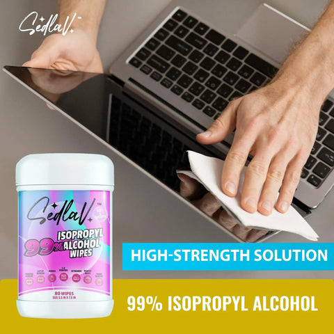99 Percent Isopropyl Alcohol Wipes For Tech Cleaning Multipurpose Screen Keyboard Camera Glasses Phones Laptops And More 80 Count Pack Great For Laptops Tablets Consoles Printers And 3D Printers Made In USA, with hand using wipe on laptop.