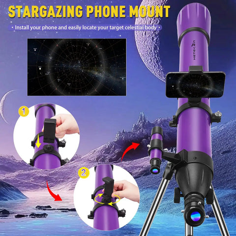 Dope High Powered Refractor Telescope with phone adapter showing night sky view, 90mm aperture, for adults, on tripod for stargazing.