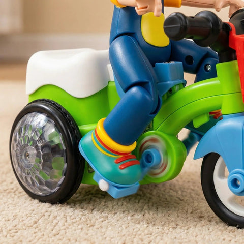 360 Degree Electric Stunt Tricycle Toy With LED Lights And Music, Omnidirectional Wheels For Kids, Push Pull Ride On Trike, Random Color, Battery Not Included, Perfect For Boys And Girls Classroom Playtime close-up side view