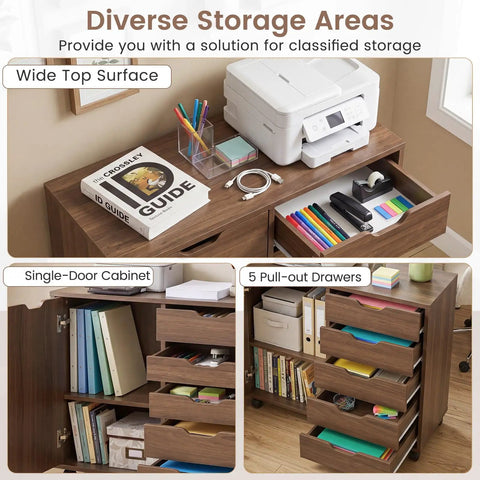 Total Game Changer Smooth Rolling 5 Drawer Wooden Filing Cabinet With Side Door And Adjustable Shelf Mobile Printer Stand Organizer For Home Office Bedroom Coffee Finish showing printer on top, drawers, and cabinet.