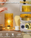 Cordless Battery Powered Table Lamp With LED Bulb And Timer Delivers A Lit Glow Leaf Veined Glass Nightlight In Soft Yellow With Gold Base